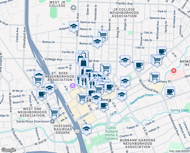 map of restaurants, bars, coffee shops, grocery stores, and more near 522 Riley Street in Santa Rosa