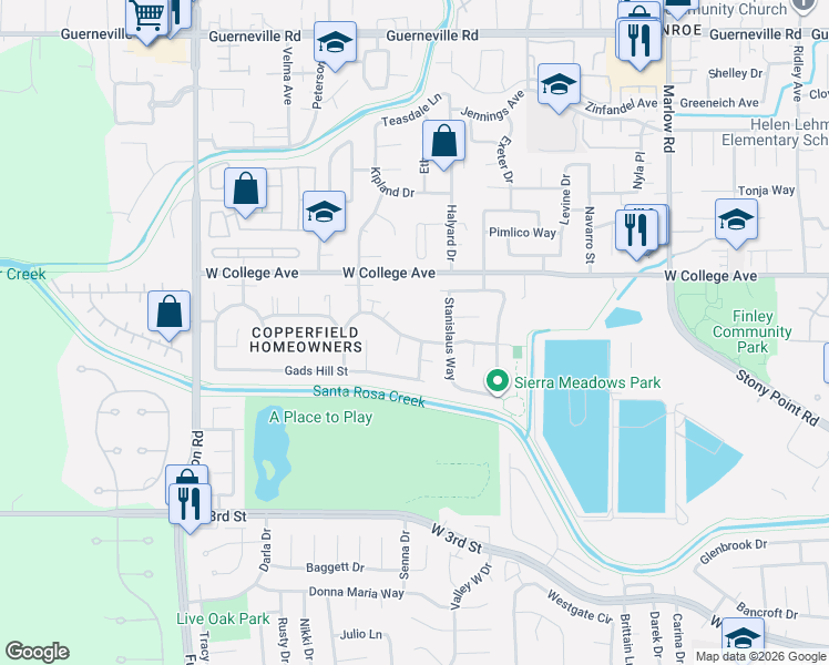 map of restaurants, bars, coffee shops, grocery stores, and more near 2301 Copperfield Drive in Santa Rosa