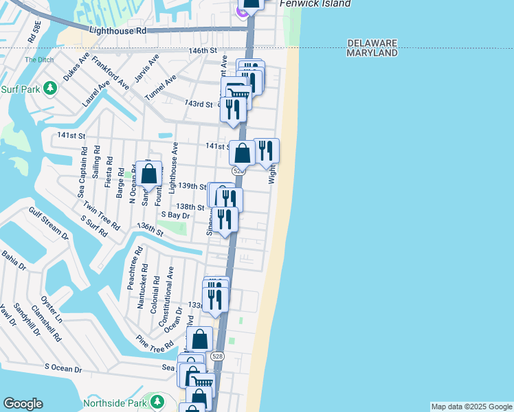 map of restaurants, bars, coffee shops, grocery stores, and more near 13600 Coastal Highway in Ocean City