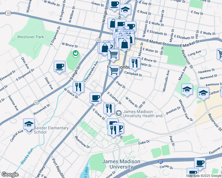 map of restaurants, bars, coffee shops, grocery stores, and more near 558 South Main Street in Harrisonburg