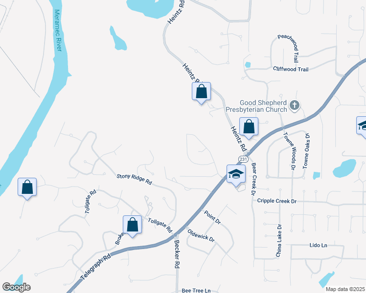 map of restaurants, bars, coffee shops, grocery stores, and more near 3046 Windsor Point Dr in St Louis