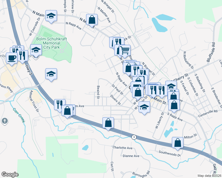 map of restaurants, bars, coffee shops, grocery stores, and more near 312 Brandt Street in Columbia
