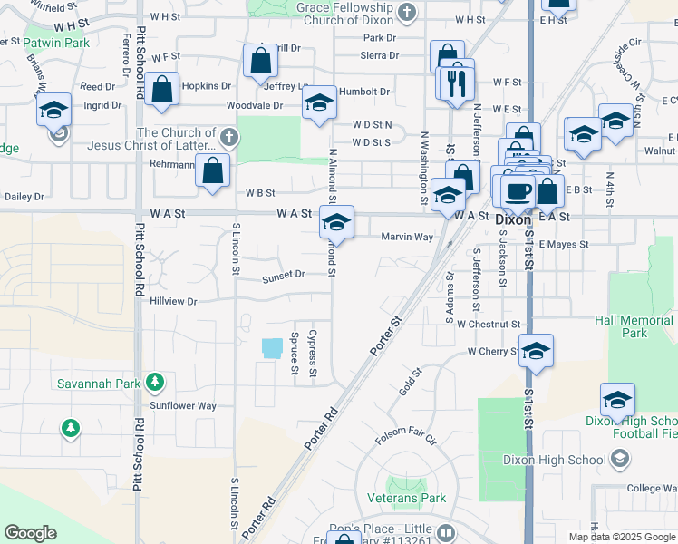 map of restaurants, bars, coffee shops, grocery stores, and more near 295 South Almond Street in Dixon