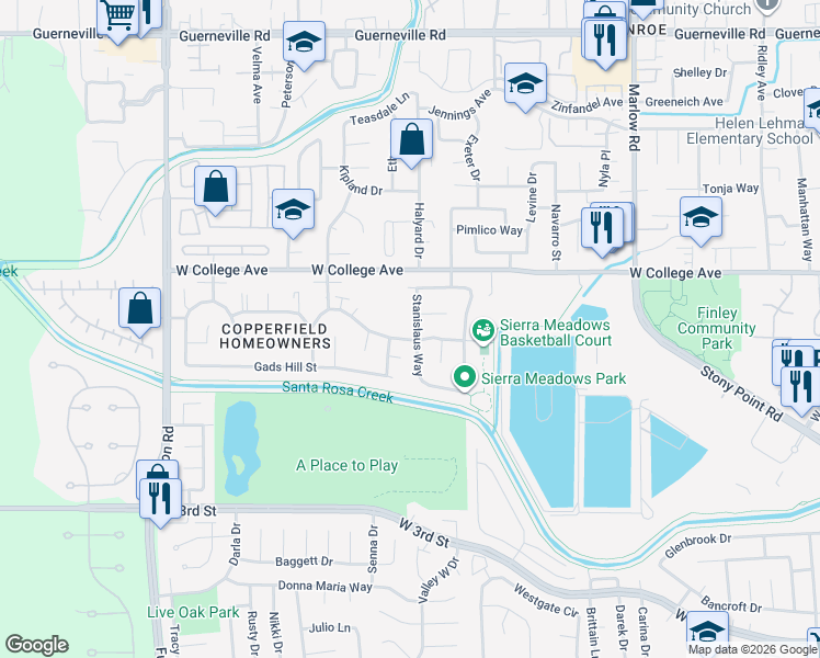 map of restaurants, bars, coffee shops, grocery stores, and more near 1045 Stanislaus Way in Santa Rosa
