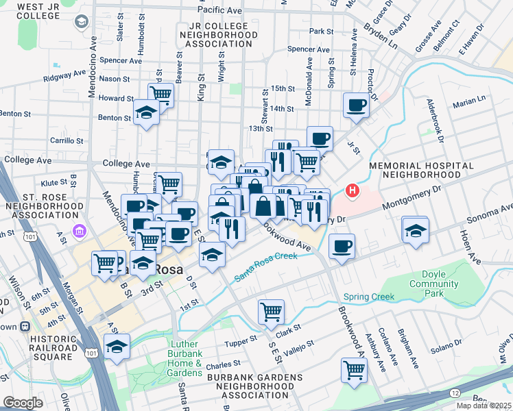 map of restaurants, bars, coffee shops, grocery stores, and more near 4th St & Brookwood Ave in Santa Rosa