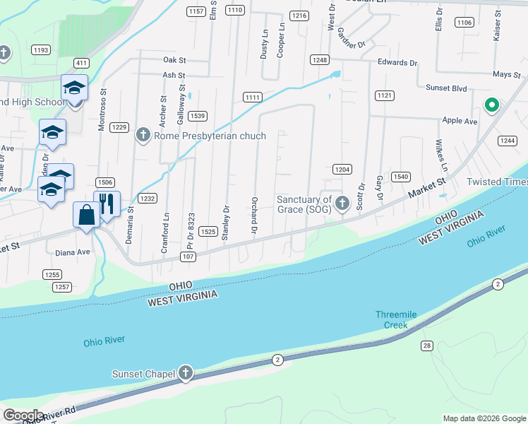 map of restaurants, bars, coffee shops, grocery stores, and more near 94 Township Road 1233 in Proctorville