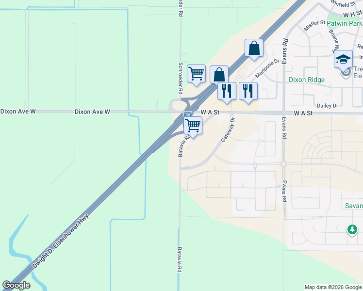 map of restaurants, bars, coffee shops, grocery stores, and more near 7395 Batavia Rd in Dixon