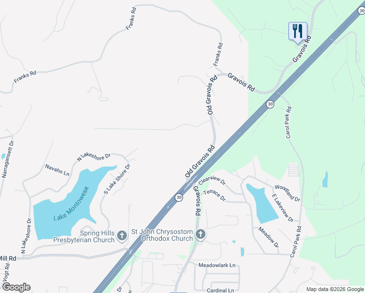 map of restaurants, bars, coffee shops, grocery stores, and more near 3627 Gravois Road in Byrnes Mill