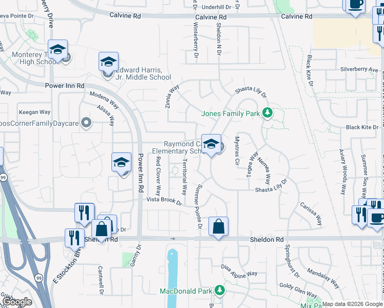 map of restaurants, bars, coffee shops, grocery stores, and more near 8551 Summer Crest Court in Elk Grove