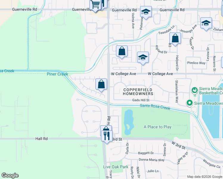 map of restaurants, bars, coffee shops, grocery stores, and more near 2503 Copperfield Drive in Santa Rosa