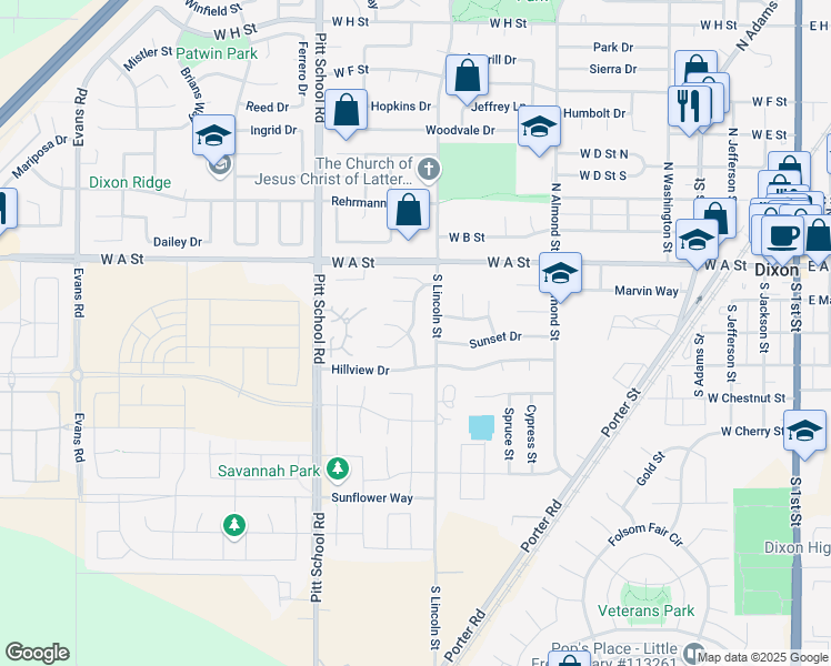 map of restaurants, bars, coffee shops, grocery stores, and more near 273 Alderglen Drive in Dixon