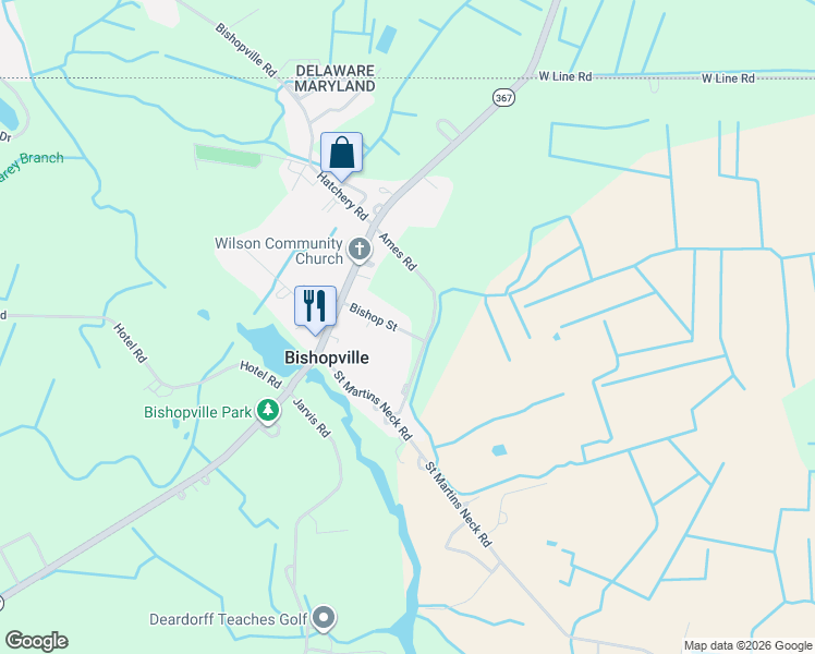 map of restaurants, bars, coffee shops, grocery stores, and more near 10733 Bishop Street in Bishopville