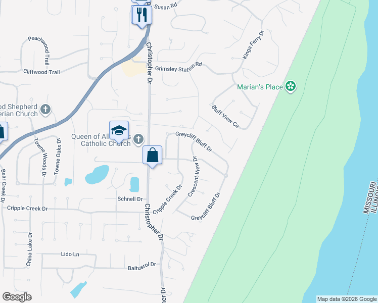 map of restaurants, bars, coffee shops, grocery stores, and more near 6513 Crescent View Drive in St. Louis