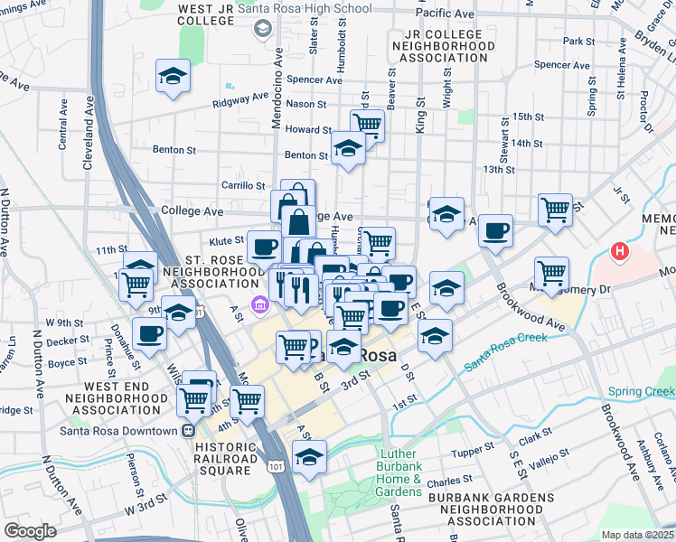 map of restaurants, bars, coffee shops, grocery stores, and more near 519 Humboldt Street in Santa Rosa