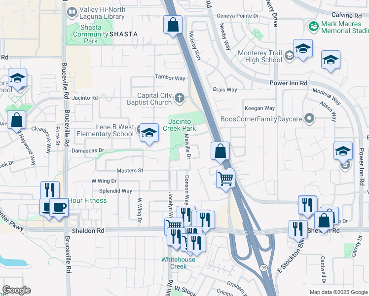 map of restaurants, bars, coffee shops, grocery stores, and more near 8650 Melville Drive in Elk Grove