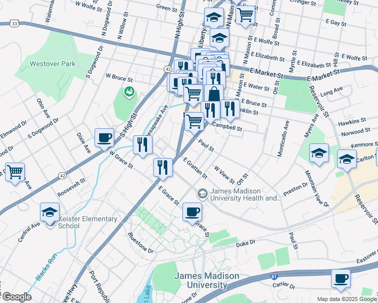 map of restaurants, bars, coffee shops, grocery stores, and more near 558 South Main Street in Harrisonburg
