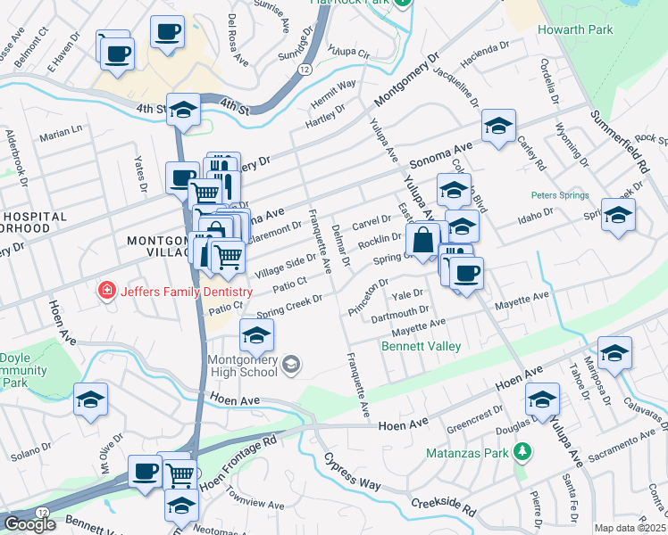 map of restaurants, bars, coffee shops, grocery stores, and more near 1027 Delmar Drive in Santa Rosa
