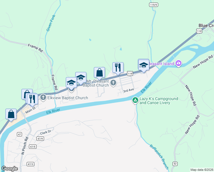 map of restaurants, bars, coffee shops, grocery stores, and more near Howland Drive in Elkview