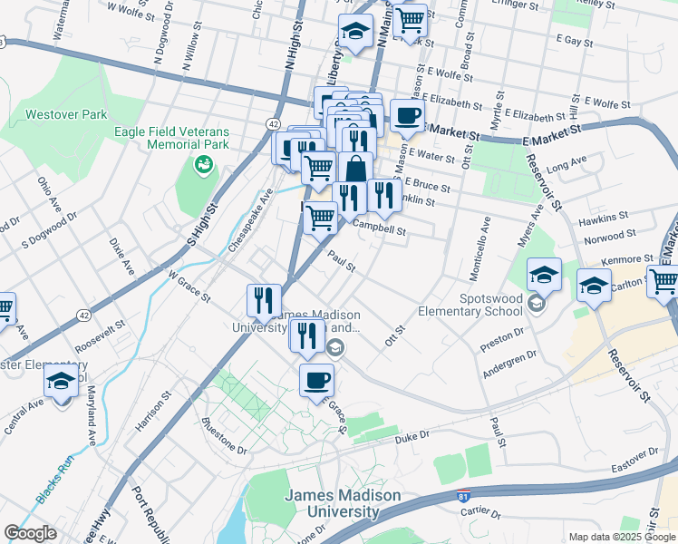 map of restaurants, bars, coffee shops, grocery stores, and more near 53 Paul Street in Harrisonburg