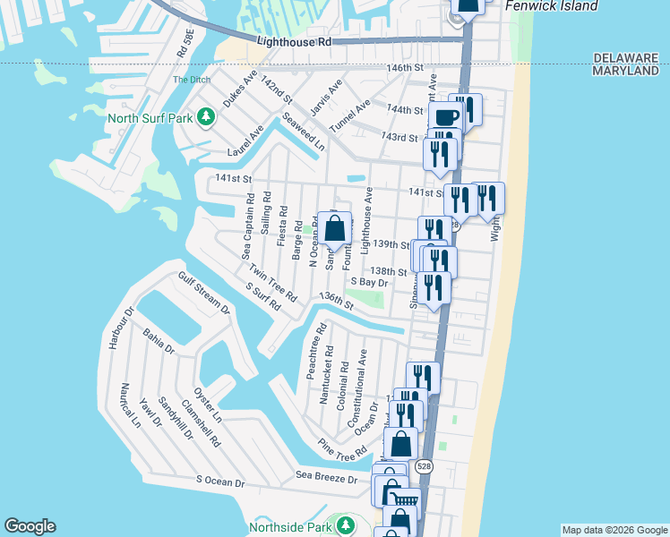 map of restaurants, bars, coffee shops, grocery stores, and more near 13704 Sand Dune Road in Ocean City