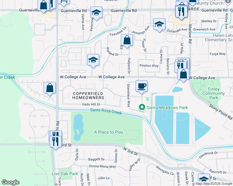 map of restaurants, bars, coffee shops, grocery stores, and more near 2301 Copperfield Drive in Santa Rosa