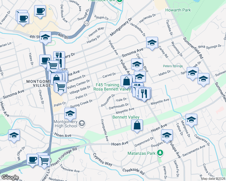map of restaurants, bars, coffee shops, grocery stores, and more near 3032 Spring Creek Drive in Santa Rosa