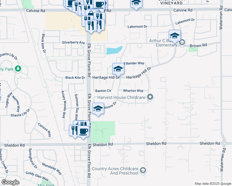 map of restaurants, bars, coffee shops, grocery stores, and more near 9015 Four Seasons Drive in Elk Grove