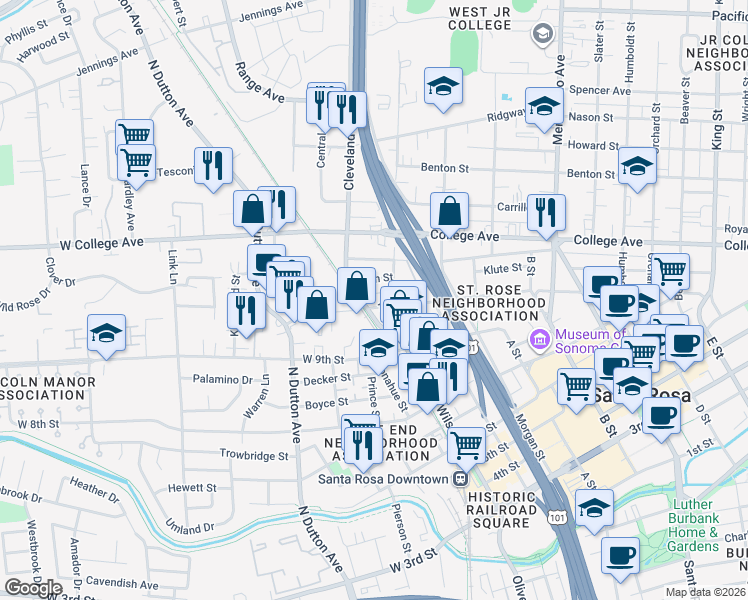 map of restaurants, bars, coffee shops, grocery stores, and more near 9 10th Street in Santa Rosa