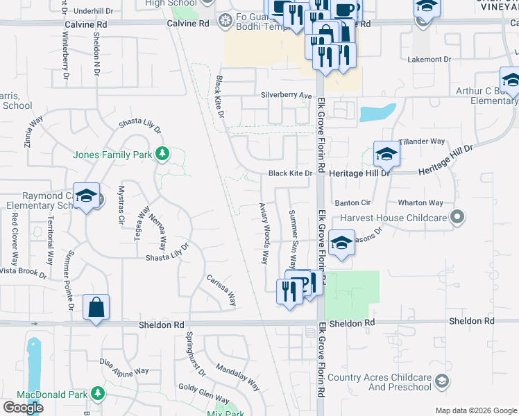 map of restaurants, bars, coffee shops, grocery stores, and more near 8824 Flying Hawk Court in Elk Grove