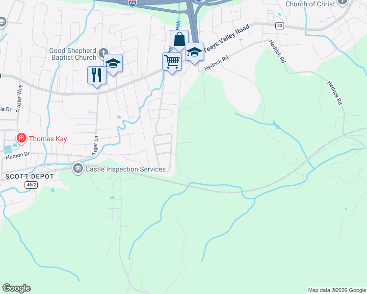 map of restaurants, bars, coffee shops, grocery stores, and more near 387 Terrace Road in Teays Valley