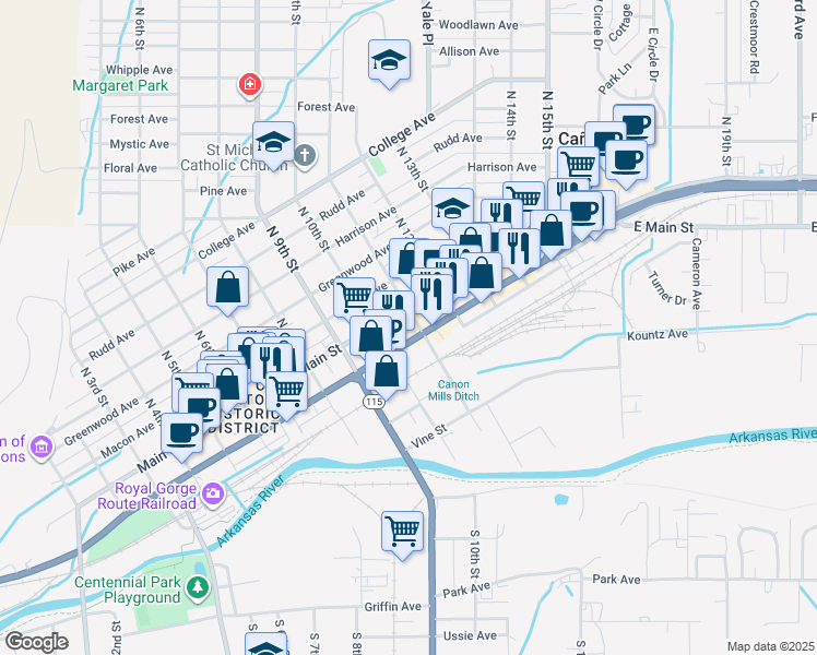map of restaurants, bars, coffee shops, grocery stores, and more near 1031 Royal Gorge Boulevard in Cañon City