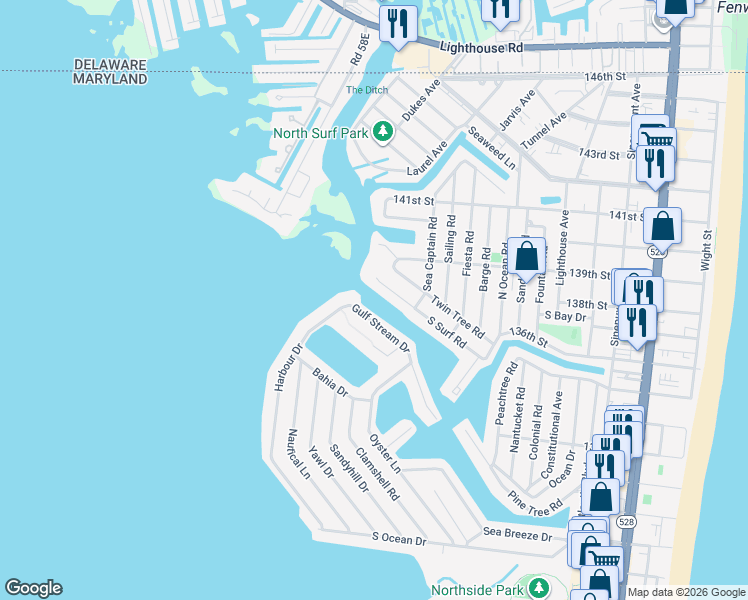 map of restaurants, bars, coffee shops, grocery stores, and more near 713 South Surf Road in Ocean City