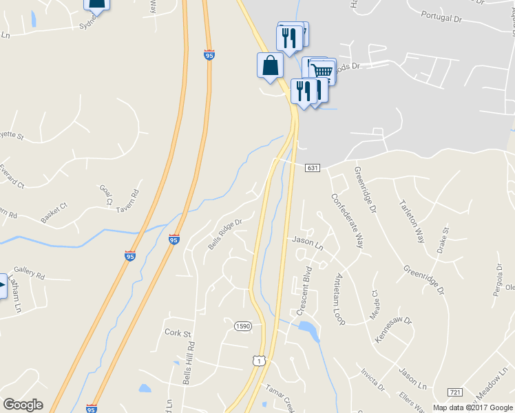 map of restaurants, bars, coffee shops, grocery stores, and more near 2 Bells Ridge Drive in Stafford