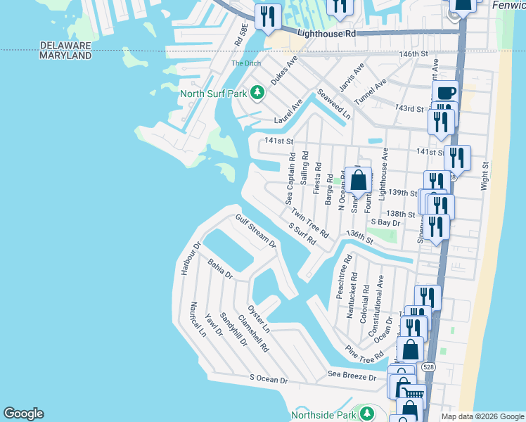 map of restaurants, bars, coffee shops, grocery stores, and more near 713 South Surf Road in Ocean City