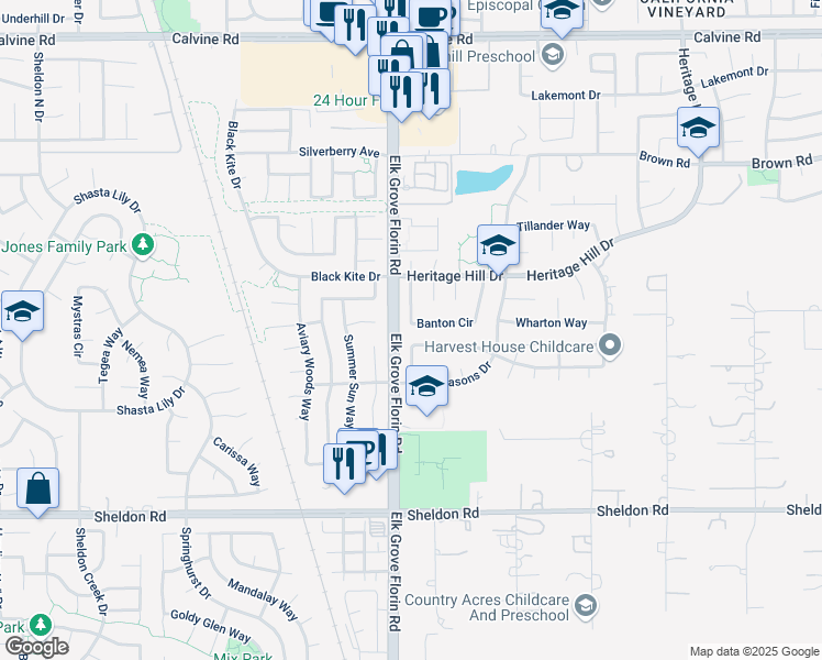 map of restaurants, bars, coffee shops, grocery stores, and more near 8640 Banton Circle in Elk Grove