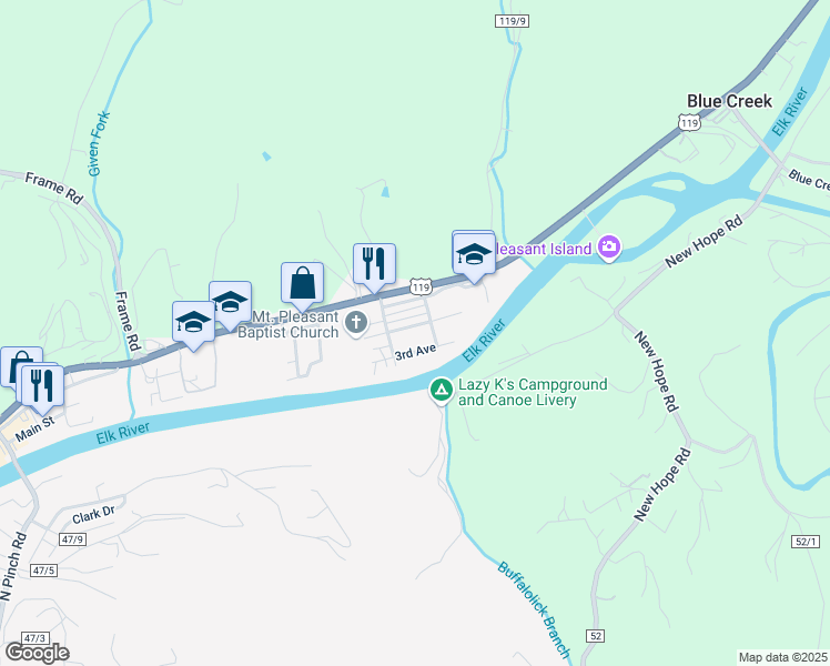 map of restaurants, bars, coffee shops, grocery stores, and more near 610 Walker Street in Elkview