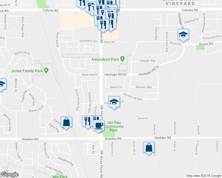 map of restaurants, bars, coffee shops, grocery stores, and more near 8656 Banton Circle in Elk Grove