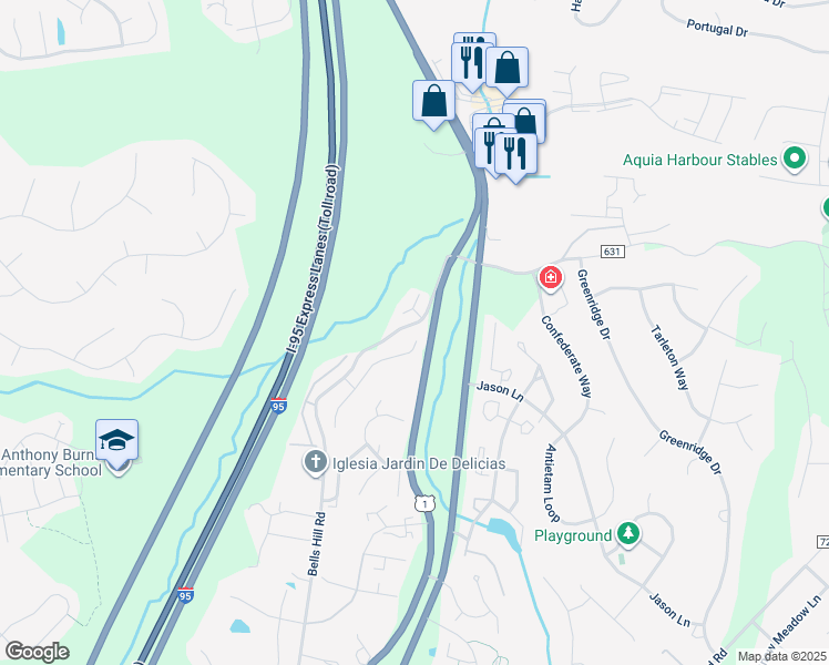 map of restaurants, bars, coffee shops, grocery stores, and more near 1 Bells Ridge Drive in Stafford