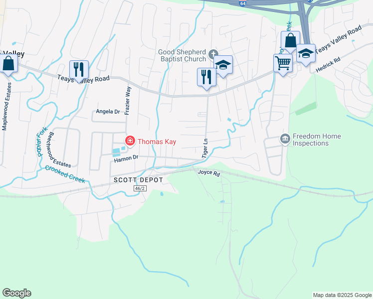 map of restaurants, bars, coffee shops, grocery stores, and more near 89 Valley Bend Drive in Teays Valley
