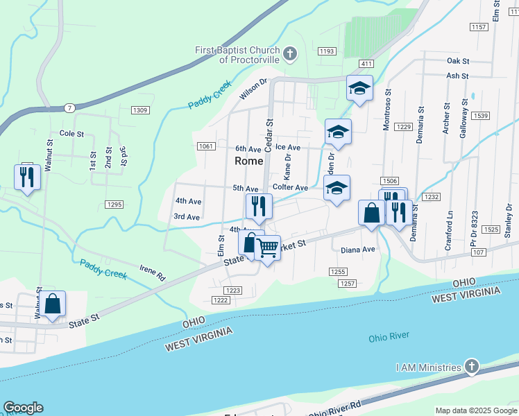 map of restaurants, bars, coffee shops, grocery stores, and more near 145 County Road 411 in Proctorville