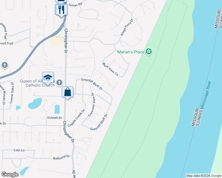 map of restaurants, bars, coffee shops, grocery stores, and more near 240 Grimsley Station Bluff Dr in St Louis