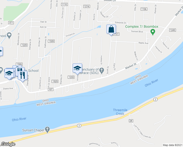 map of restaurants, bars, coffee shops, grocery stores, and more near 927 Orchard Drive in Proctorville