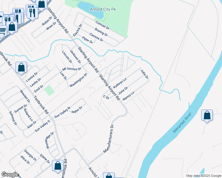 map of restaurants, bars, coffee shops, grocery stores, and more near 2436 Starling Airport Road in Arnold