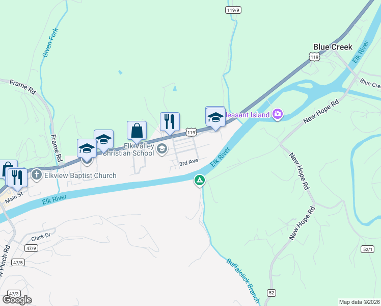 map of restaurants, bars, coffee shops, grocery stores, and more near 610 Walker Street in Elkview