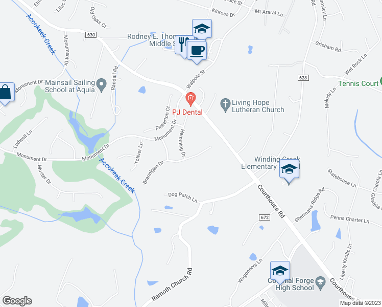 map of restaurants, bars, coffee shops, grocery stores, and more near 16 Brannigan Drive in Stafford