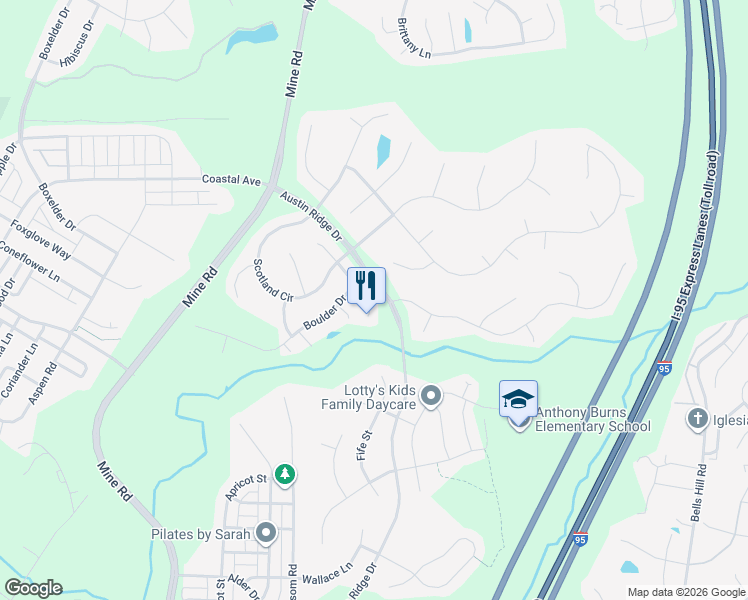 map of restaurants, bars, coffee shops, grocery stores, and more near 17 Patriot Way in Stafford