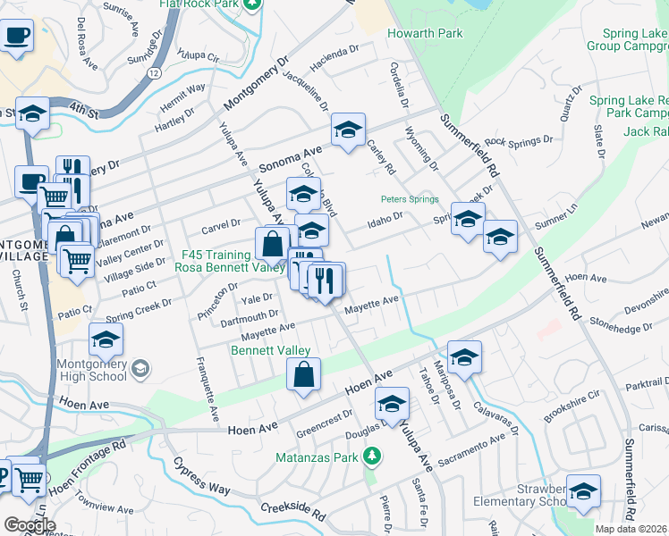 map of restaurants, bars, coffee shops, grocery stores, and more near 4014 Princeton Drive in Santa Rosa