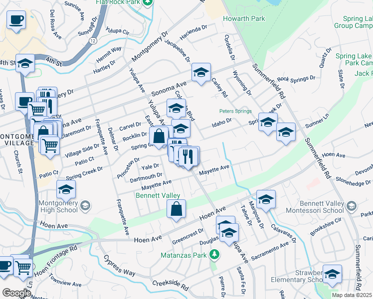 map of restaurants, bars, coffee shops, grocery stores, and more near 3911 Princeton Drive in Santa Rosa