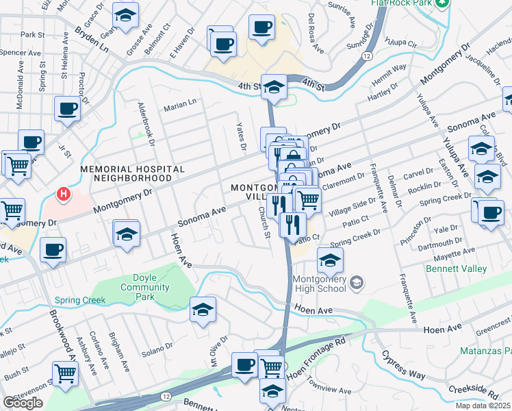 map of restaurants, bars, coffee shops, grocery stores, and more near 2120 Sonoma Avenue in Santa Rosa