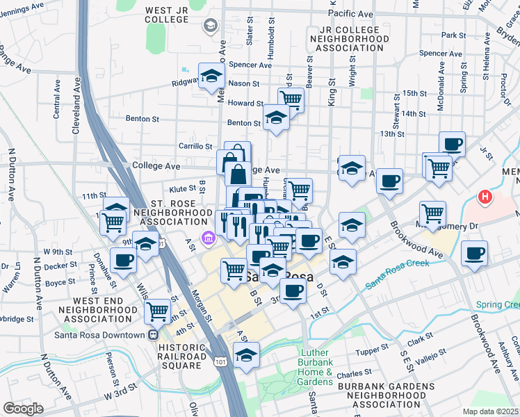 map of restaurants, bars, coffee shops, grocery stores, and more near 522 Riley Street in Santa Rosa